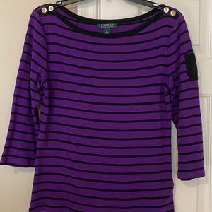 LRL Ralph Lauren Purple/Black Striped 3/4 Sleeve Pullover Top - L
